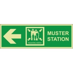 Muster station left sign 400x150mm