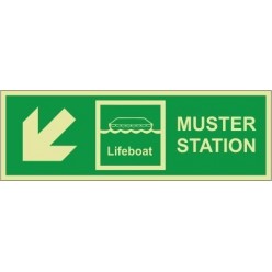 Muster station down left sign 400x150mm