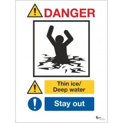 Danger thin ice deep water sign in a variety of sizes and materials