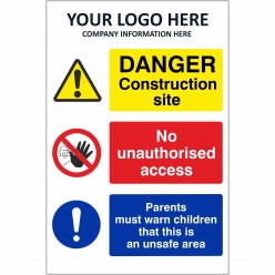 Danger Construction Site Site Safety Sign With or Without Your Logo 800mm x 1200mm - 4mm Corex