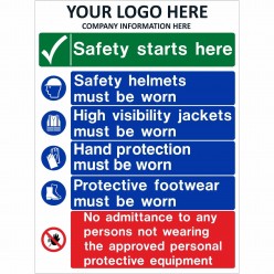 Safety Starts Here Site Safety Sign With or Without Your Logo 800mm x 1200mm - 4mm Corex